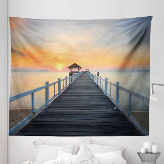 Nautical Tapestry, Long Exposure Deck Path by the Sea Shorline with Horizon Sunset Landscape, Fabric Wall Hanging Decor for Bedroom Living Room Dorm, 5 Sizes, Pale Blue Orange, by Ambesonne