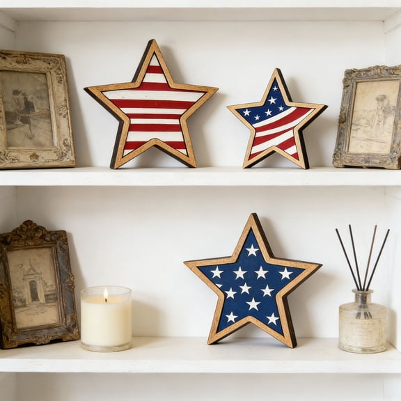 FHLFN717 4th of July Decorations Wooden Stars, 3 Pcs Patriotic Memorial Day Star Decor, Fourth of July Red White Blue Decoration for Home Office Table Shelf