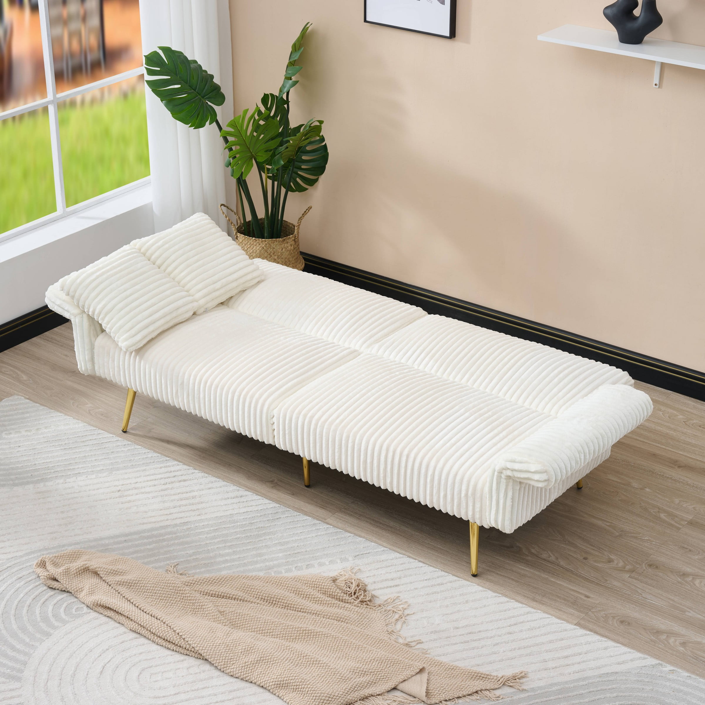 79 inch Convertible Folding Futon Sofa Bed Sleeper Couch for Living Room Corduroy Upholstered Recliner Loveseat Lounge wtith Adjustable Armrests,2 Throw Pillows,White