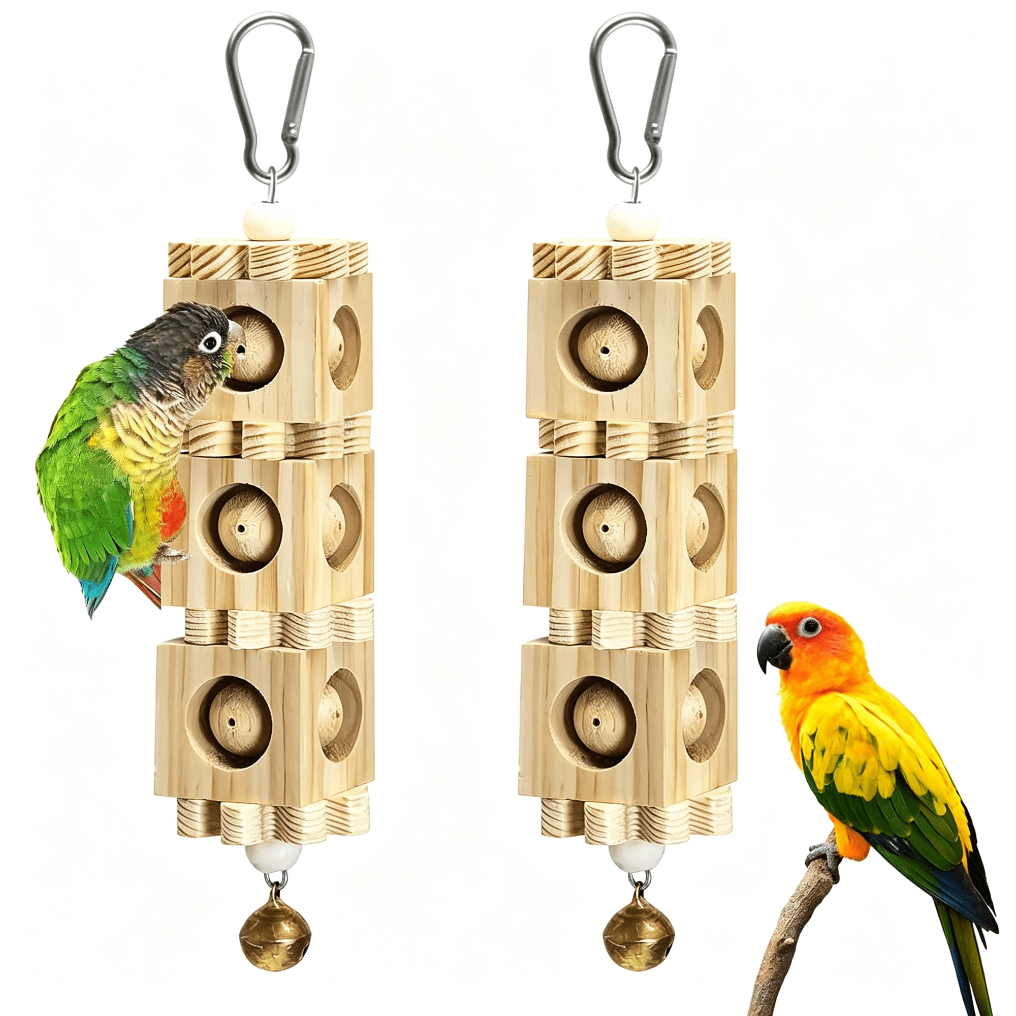 BESTSKY Bird Chew Toys,2 Pcs Natural Wooden Blocks Parrot Toys Hanging Parakeet Cage Accessories for Budgies Cockatiels Lovebirds and Other Small to Medium-Sized Birds Foraging&Playing (Wood Color)