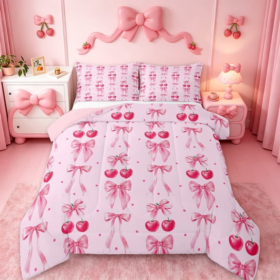 jejeloiu Pink Bowknot Cherries Twin Comforter Sets,Geometric Polka Dots Bedding Set For Girls Women Reversible 2pcs