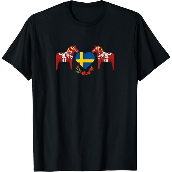 Sweden flag heart Swedish dala horses T-Shirt