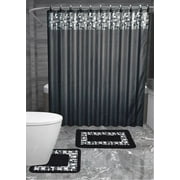 15pc BLACK MOSAIC Bathroom Set Printed Banded Rubber Backing Rug Bath Mats With Fabric Shower Curtain