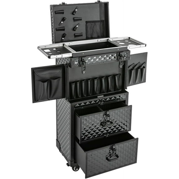 Miumaeov 4-Trays Rolling Makeup Train Case,Professional Cosmetology Trolley Case With 4 Universal Wheels For Makeup Artist,Hairstylist