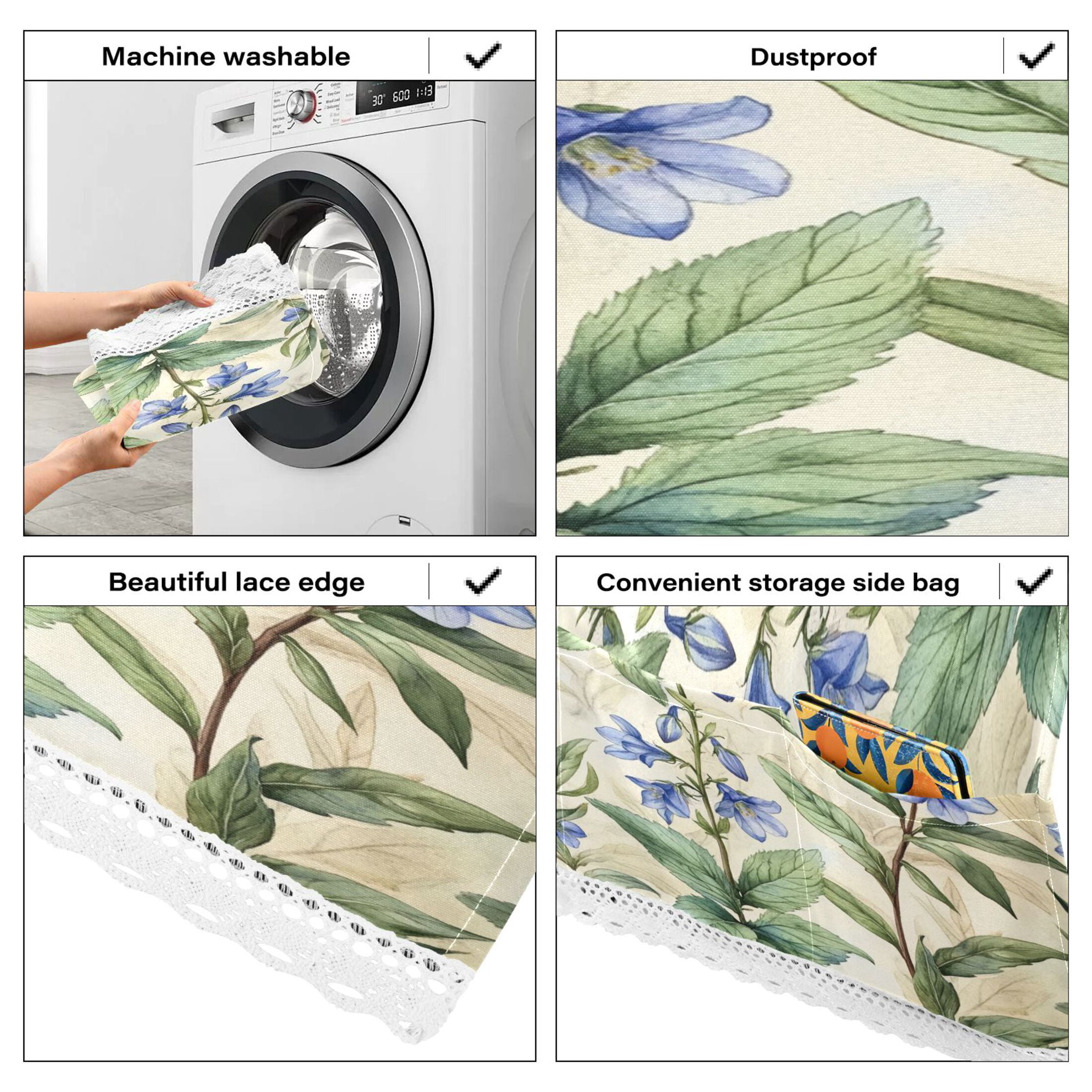 Blue FlowersWasher and Dryer Covers Dust-Proof and Oil Resistant Fridge Cover with 4 Storage Pockets Washing Machine Top Cover for Laundry Kitchen Home 51.2 x 22 In