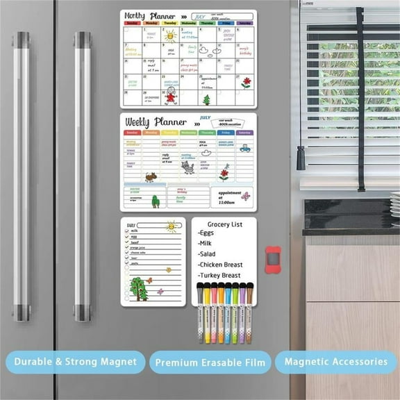 Magnetic Dry Erase Calendar Whiteboard Set (3-Pack) for Home and Kitchen, with Monthly and Weekly Views, Magnetic Whiteboard and Daily Planners, 8 Markers & Eraser