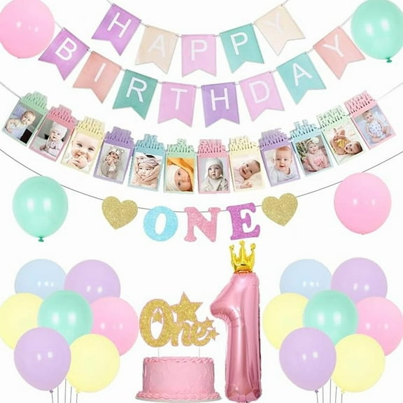 Fangleland 1st Birthday Decorations for Girls Pastel, Macaron Party Decorations Happy Birthday Banner High Chair and Photo Banner 1 Foil Balloon Cake Topper for First Rainbow Bday Party Supplies