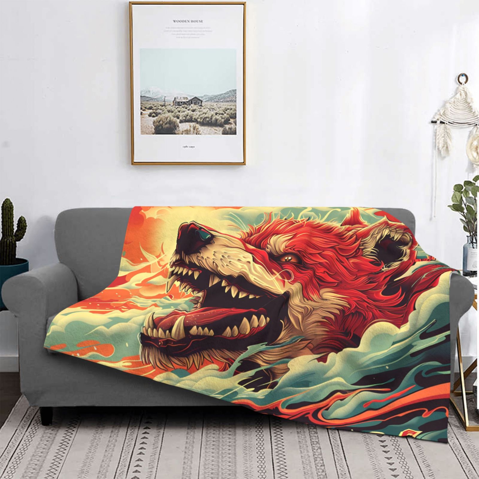 Throw Blanket for Couch - Fiery Wild Dog Illustration Soft Comfy Lightweight Cozy Warm Throw Blanket, Fuzzy Plush Flannel Blanket & Throws for Sofa and Bed All Season