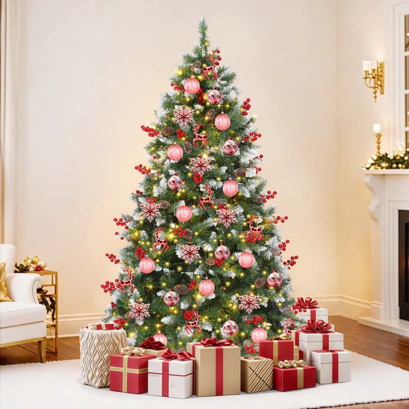Uforic 6 ft Pre-lit Artificial Christmas Tree with 818 Tips & 250 Lights,-Green Christmas Tree w/Pine Cones & Red Berries,-Remote Control