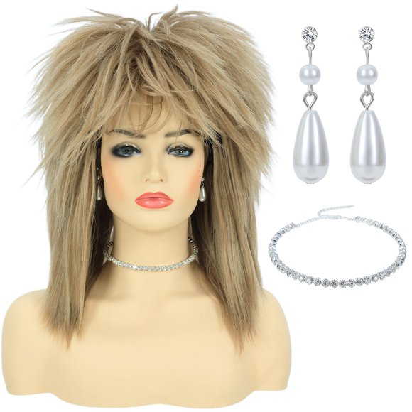 Peluca para disfraz de Bettecos, Tina Rock Diva de los 80, con collar y pendiente