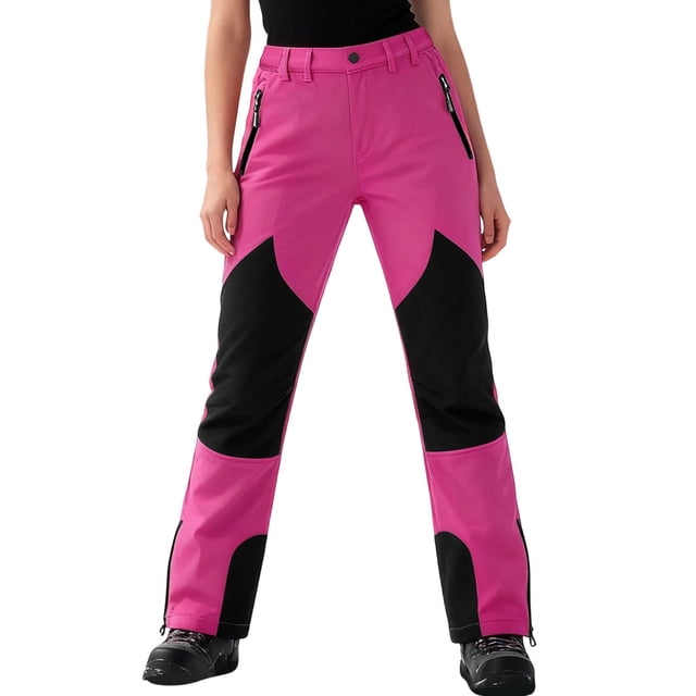 FAVIPT Pantalon de Ski Imperméable Doublé en Molleton pour Femmes, Pantalon de Sport à Poches Patchwork, Pantalon d'Hiver Chaud pour Planche à Neige et Randonnée, Rose, G
