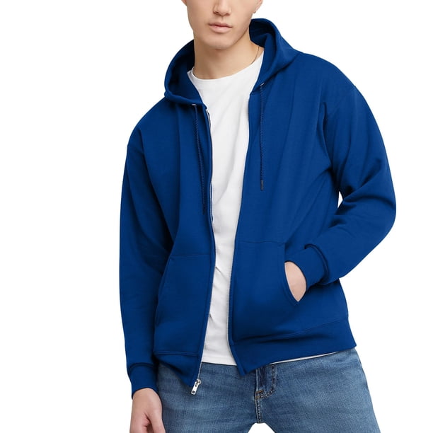 Sudadera con capucha Hanes Ecosmart, forro polar, cremallera completa, con capucha, atlética, azul real