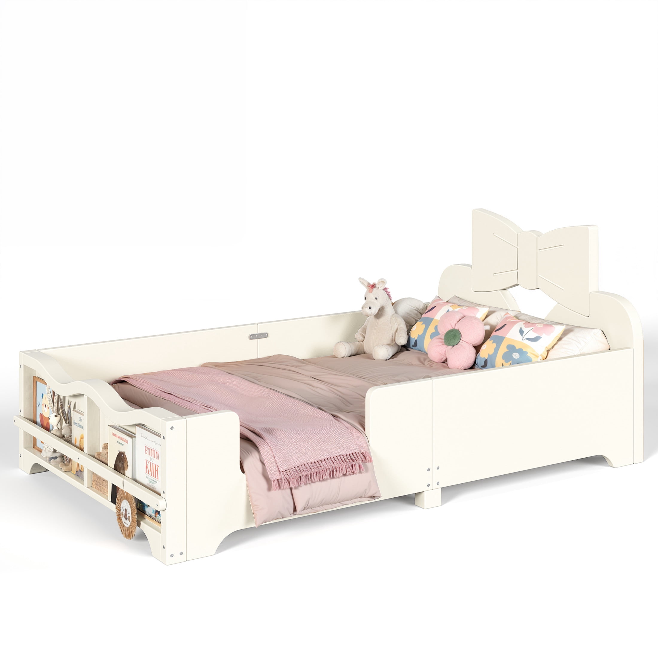 GDF Studio Twin Size Kids Platform Bed with Bowknot Headboard, Guardrails & Bookshelf, Beige