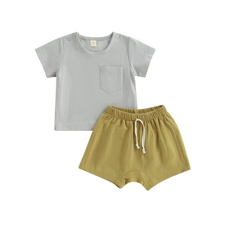 

Toddler Baby Boy Girls Summer Clothes Cotton Linen Striped T-Shirt Tops Elastic Waist Shorts Set 2Pcs Casual Outfits