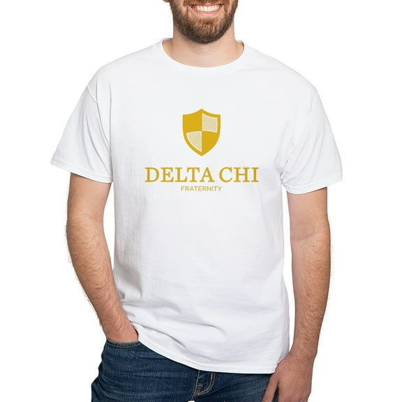 CafePress - Delta Chi Vertical Yellow Logo T Shirt - Men's White Classic Cotton T-Shirts