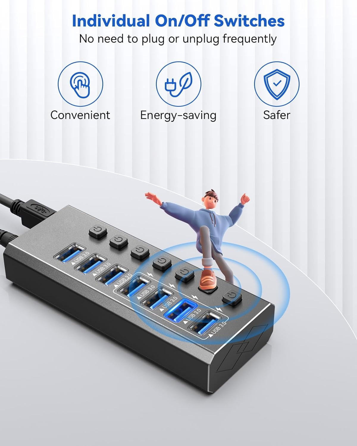 Powered USB Hub 3.0,AUBEAMTO 7-Port USB 3.0 Hub [Durable Aluminum] 7 Data Transfer Ports+ 4 Smart Charging Ports with Individual On/Off Switches, USB Hub 3.0 Powered with Power Adapter for Laptop PC