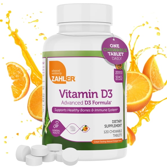 Zahler Vitamin D3 2000 IU Orange Flavor, 120 Chewable Tablets, Advanced D3 Formula, Supports Immune System, Healthy Bones & Muscles, Kosher Vitamin D Supplement