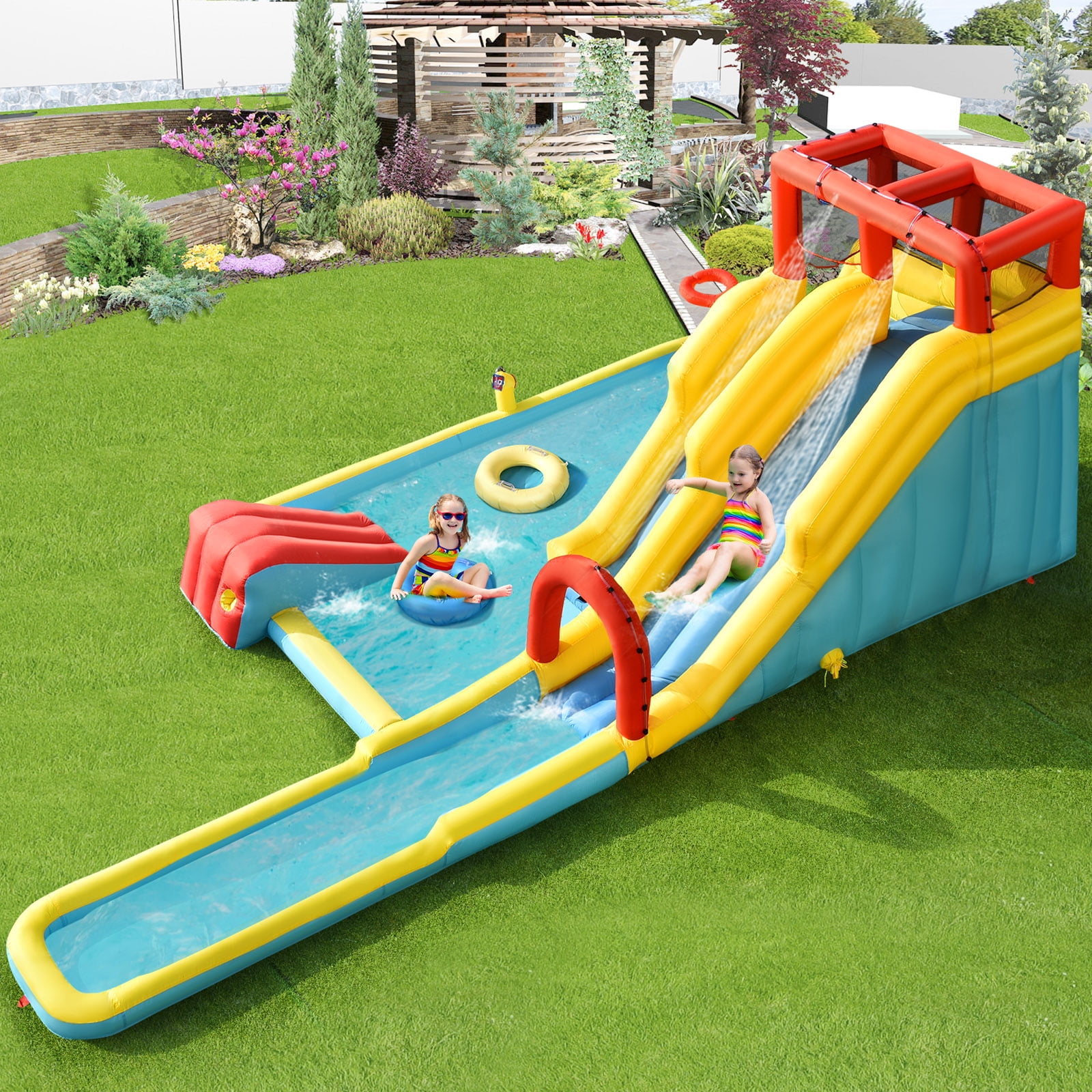 Infans 7 in 1 Inflatable Dual Slide Water Park Climbing Bouncer with 950W Blower