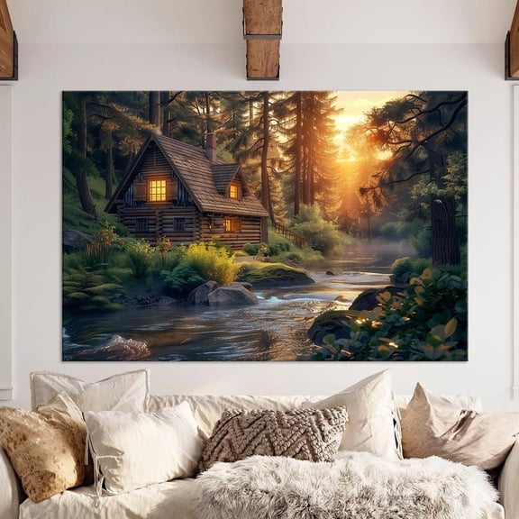 Luvia Hunting Lodge Canvas Print Forest Print Mountain River Cabin Cozy Rustic Wall Decor Hunting Lodge Decor Nature Canvas, 8x10 UNFRAMED