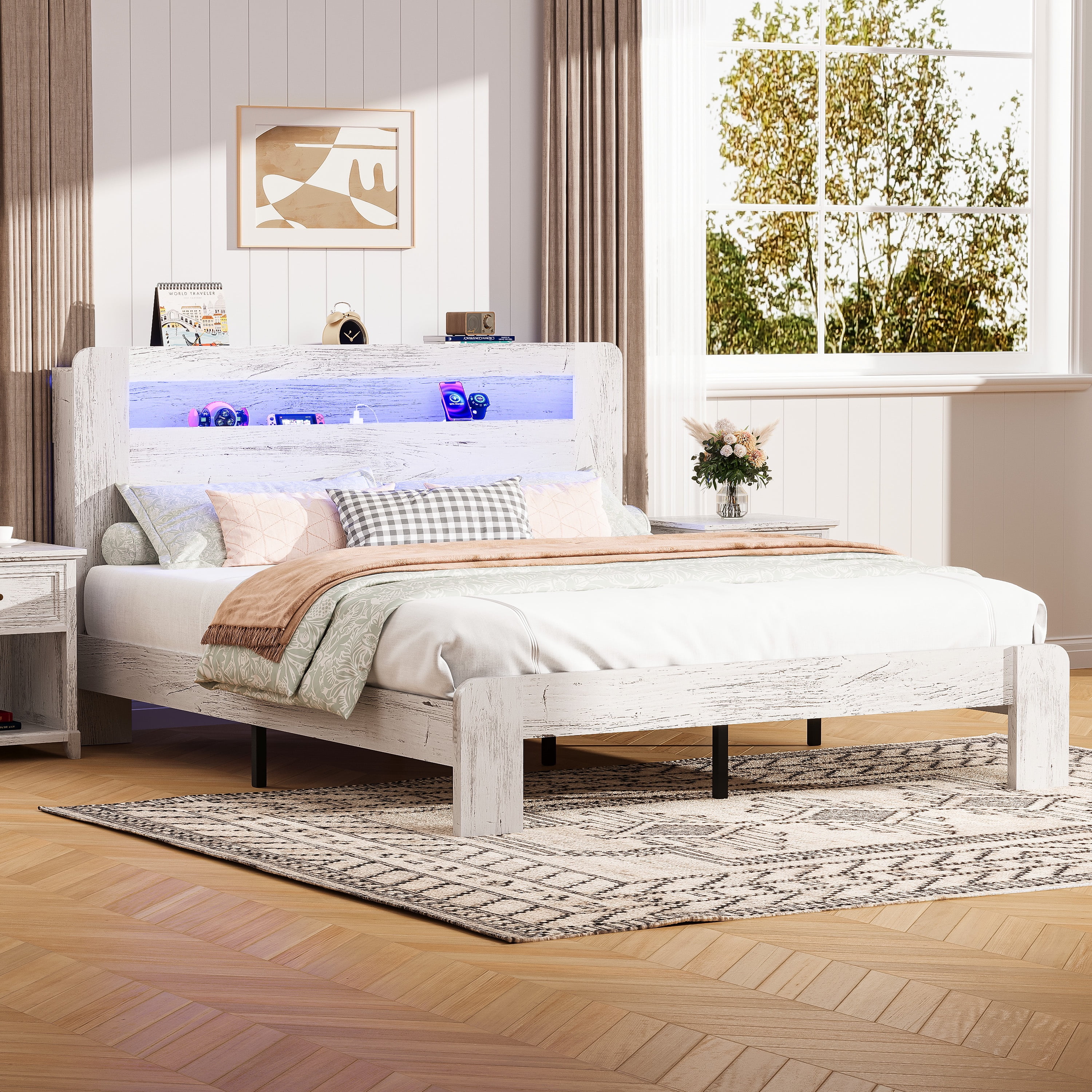 SESSLIFE Queen Size Bed Frame with Storage, Wood Platform Bed Frame with Charging Station and LED Light, Vintage Queen Bed Frame with Headboard and Wood Slats, No Box Spring Needed, White/Grey