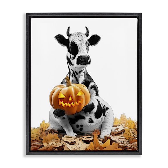 Stupell Industries Cottage Cow with Jack-o-Lantern Black Floating Frame Canvas Art, 17 x 21, by Annalisa Latella