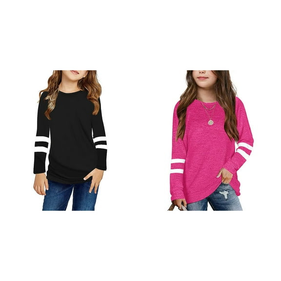 SUYIDA 2-Pack Girls Long Sleeve Shirts Kids Crewneck Hem Loose Tunic Tops ,Casual T Shirts for Tween Kids
