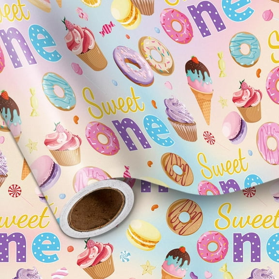 1st Birthday Donut Wrapping Paper Roll for Baby Girls Boys, Sweet One Design, for First Birthday, Party, Baby Shower, Mini Roll 17 in x 16.4 Ft