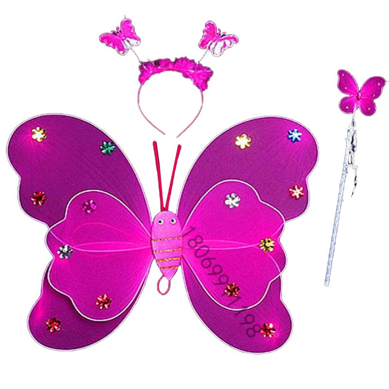 3Pcs Led Flashing Light Kid Girl Costume Set Butterfly Wings Wand Headband Skirt 