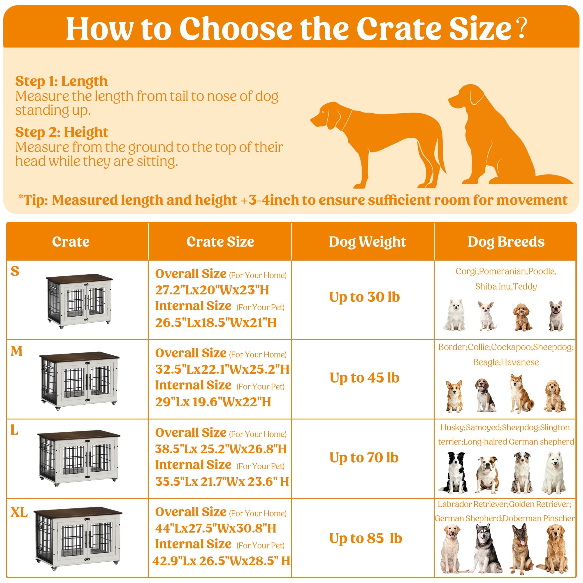 GIKPAL 32-Inch Dog Crate with Pads, 2-Door Heavy-Duty Indoor Wooden Dog Cage on Wheels for Small to Medium Dogs up to 45 lbs,White