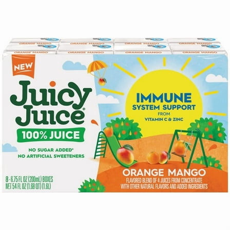 Juicy Juice 100% Juice Immune System Support with Vitamin C & Zinc, Orange Mango, 6.75 fl oz Juice Boxes, 8 Pack