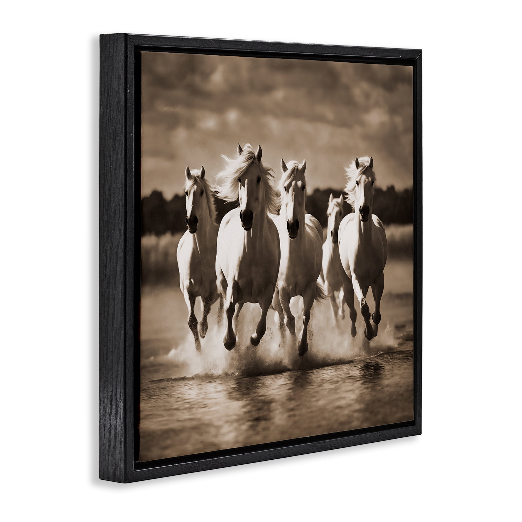 Stupell Industries Camargue Stallions Trotting Animals Painting Black Floater Framed Canvas Art Print Wall Art, 25 x 25