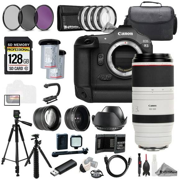 Canon EOS R3 Camera   RF 100-500mm f/4.5-7.1 L IS USM Lens 128GB Ext Bat 9 PC Filtr MEGA Kit (International Version)