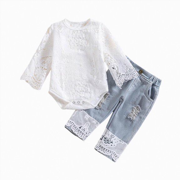 enyan Baby Girl Clothes Outfits Toddler Infant Baby Romper Top Jeans Clothing Set(White,18-24 Months)