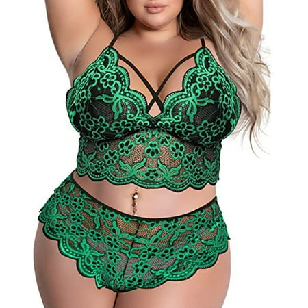 

Underwear For Women Set Bra And Panty Plus Size Lingerie V Neck High Waist Floral Lace Criss Cross Bra And Panty 2 Piece Set No Underwire Cotton Green