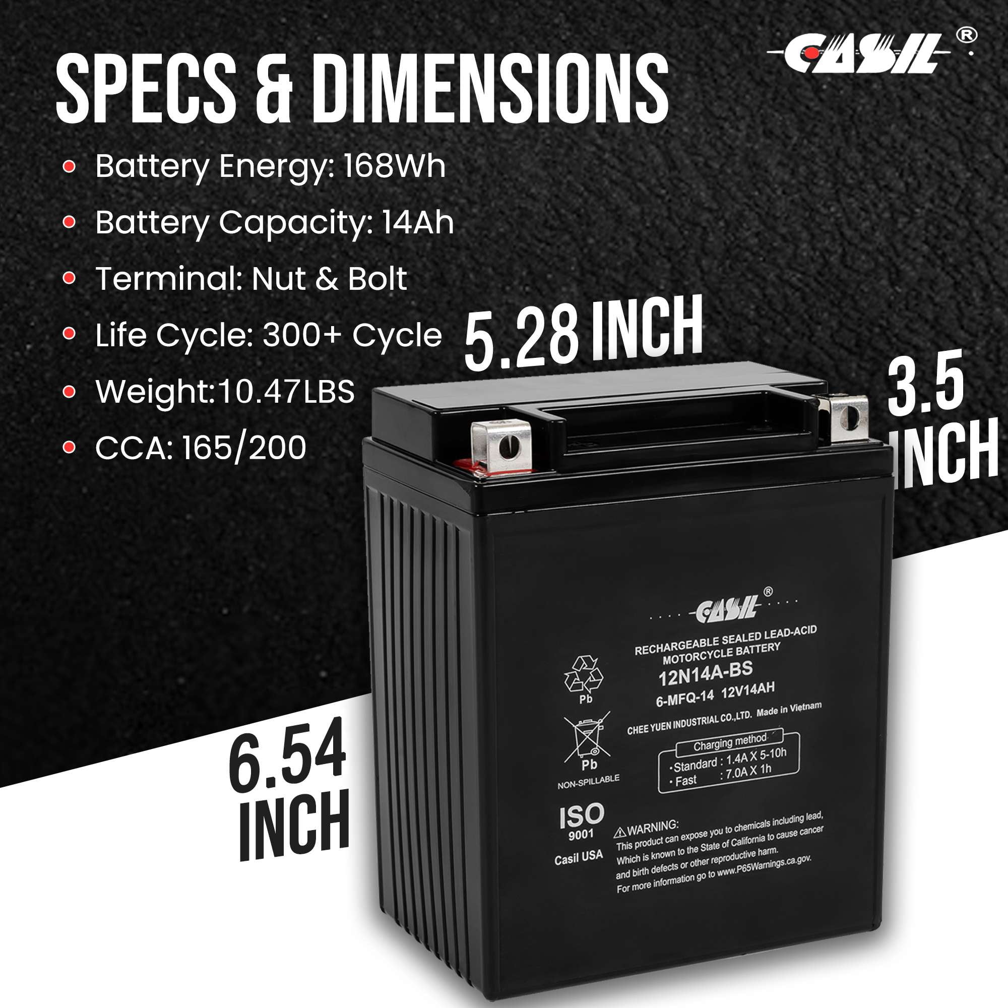 Casil YTX14AHL-BS Maintenance Free Replacement Battery for ATV, Motorcycle, Personal Watercraft, Scooter, and Snowmobile - 12 VOLT 14 Amp