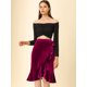 thumbnail image 3 of Falda Asimétrica Cruzada De Terciopelo Con Lazo Lateral Y Volante Dividido Para Mujer Vino rojo M, 3 of 6