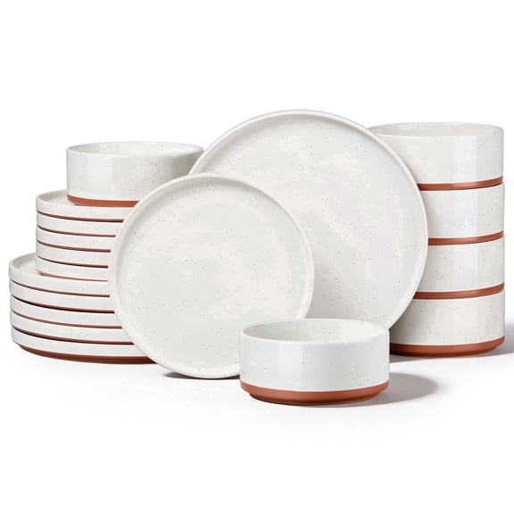 Vesteel 18 Pieces Dinnerware Set, Ceramic Plates and Bowls Set for 6, Handcrafted Speckled Stoneware Dishes Set for Home, Microwave and Dishwasher Safe - Speckled White