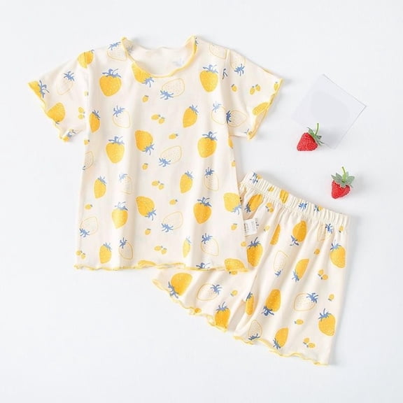 Amidoa Girls Summer Outfits 2 Piece Cute Short Sleeve Print T Shirt Top and Elastic Waist Casual Shorts Kids Clothing Sets Yellow Size 6