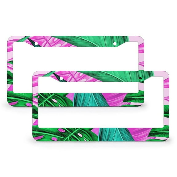 Tropical Leaves Summer Palm Leaf Hawaii California Tree Jungle License Plate Cover 2 PCS Tropical Green Plant Funny License Plates for US And CA Quality Aluminum Metal License Plate Frames