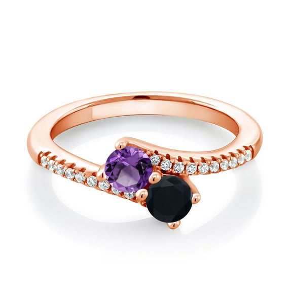Gem Stone King 18K Rose Gold Plated Silver Purple Amethyst and Black Onyx Bypass Ring for Women (0.71 Cttw, Gemstone February Birthstone, Round 4MM, Size 5)