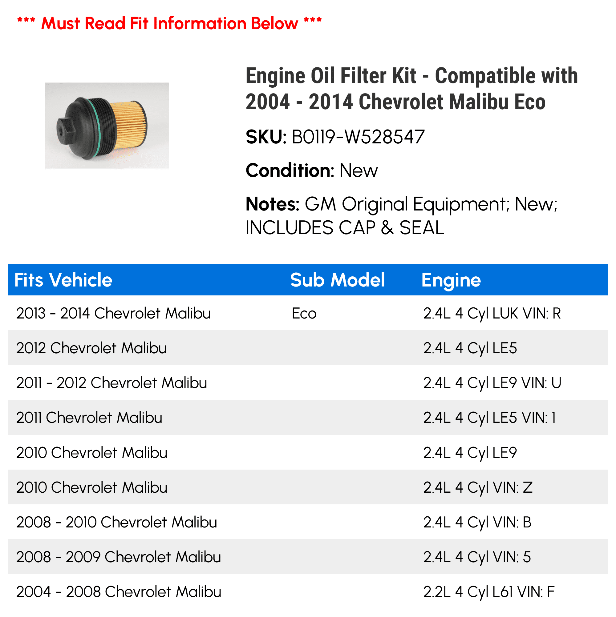 Engine Oil Filter Kit - Compatible with 2004 - 2014 Chevy Malibu Eco 2005 2006 2007 2008 2009 2010 2011 2012 2013