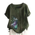 thumbnail image 2 of PBNBP Linen Shirts for Women,Women Summer Cotton Linen Tshirt Tops Casual Loose Fit Trendy Flowers Dragonfly Print Tunic Tee Short Sleeve Plus Size Button Blouse, 2 of 5