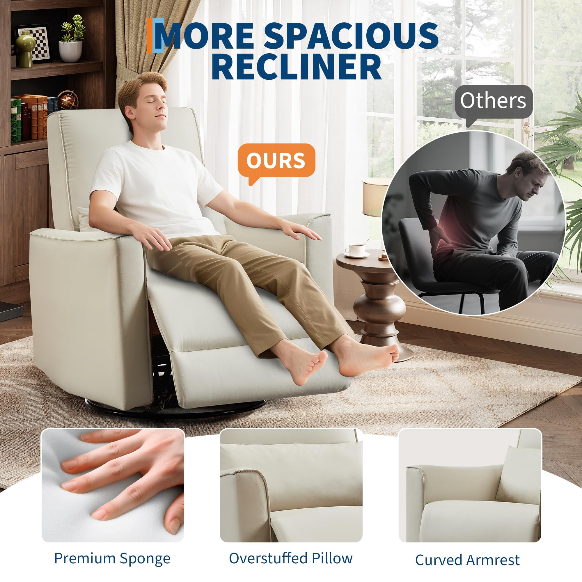 Swivel Rocking Recliner Chair, 360° Leather Recliner with Adjustable Backrest Rocker Recliner Glider Deep Seat PU Leather Sofa Chair with high Backrest for Living Room, Bedroom,Nursery
