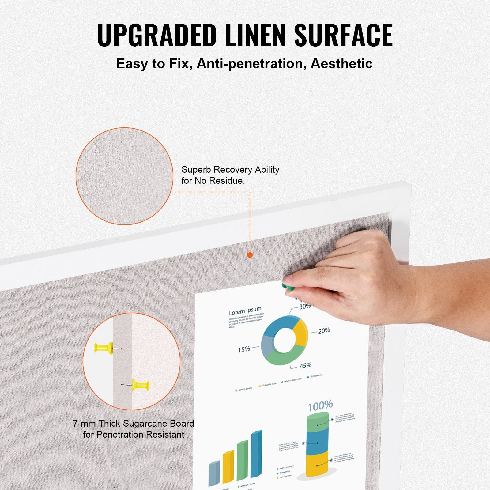 36"x24" White Linen Surface Cork Bulletin Board - Elegant Wall-Mounted Pin Board for Home Office & School, Durable Framed Notice Board