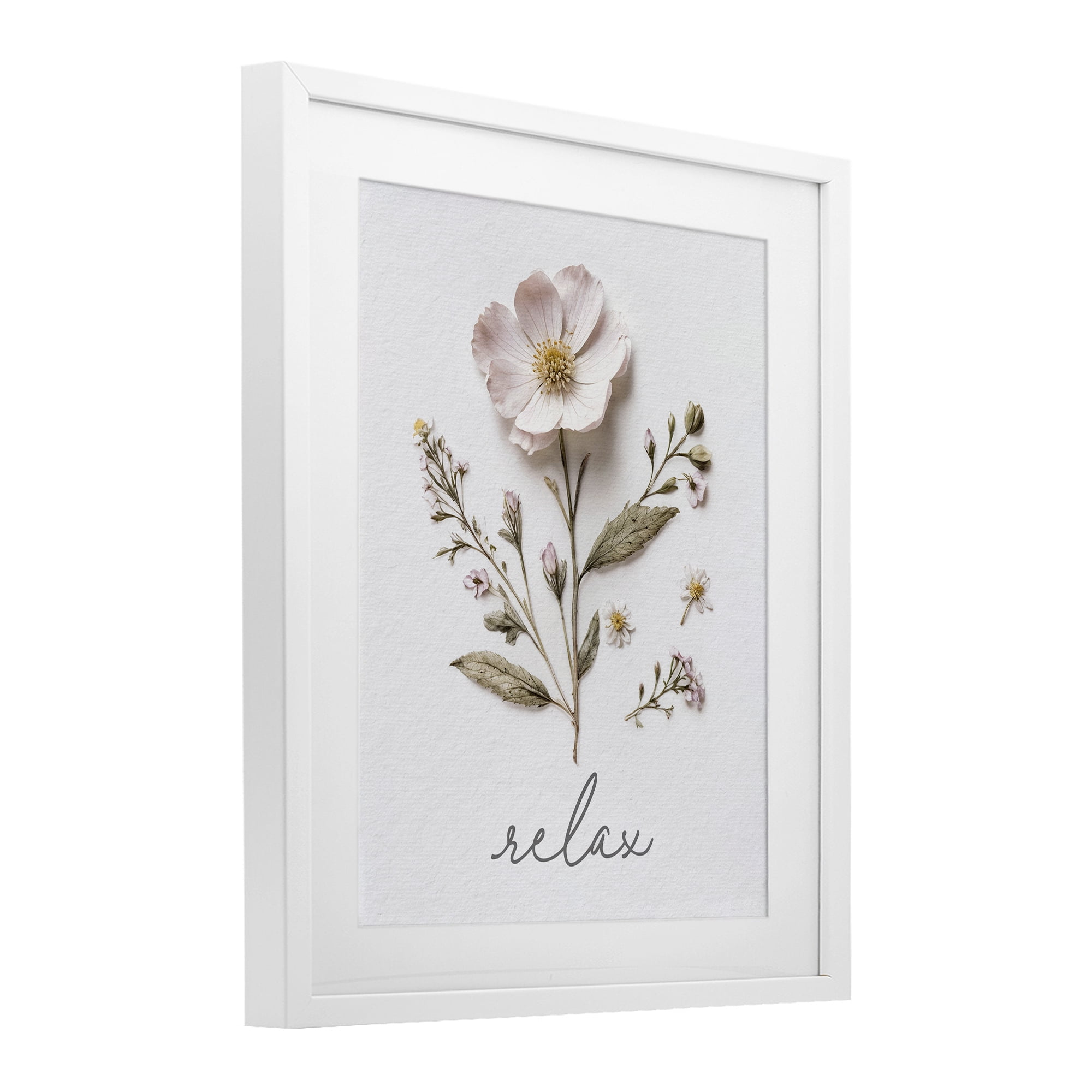 Pressed Flowers Relax White Framed Print Under Glass, design by Lettered and Lined