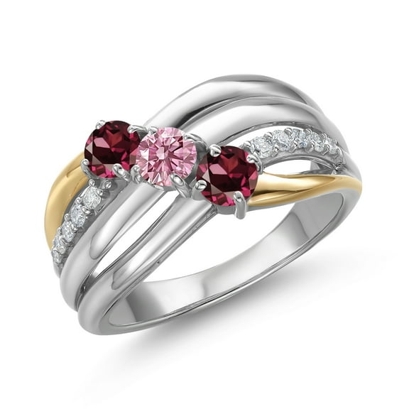 Gem Stone King 925 Silver and 10K Yellow Gold Red Rhodolite Garnet and Pink Lab Grown Diamond Engagement Ring for Women | 1.14 Cttw | Round 4MM | January Birthstone | Size 9