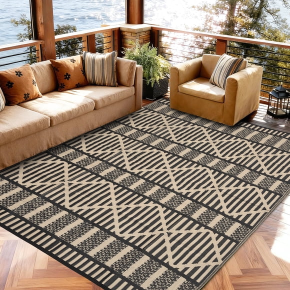 Garvee 8'x10' Outdoor Rug Waterproof Outdoor Patio Rug Mat, Reverisble Plastic Straw Outdoor Rug for RV Camping Picnic Beach Balcony, Black and Coffee