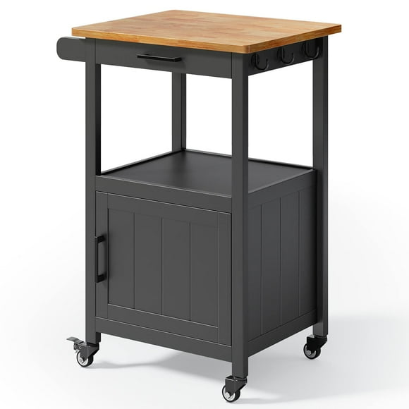 Qsun Kitchen Island Cart on Wheels with Drawer, Storage Cabinet, Shelf and Side Hook, Rolling Kitchen Cart with Rubber Wood Countertop, Microwaves Stand for Small Space, Black