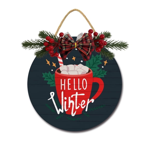 Hello Winter Front Door Sign Funny Wreaths Hanging Wooden Plaque Decoration Round Rustic Wood Farmhouse Porch Decor for Home Front Door Decor, 12 x 12 Inch