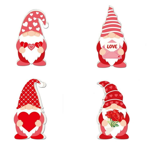 Valentine's Gnome Figurines, 4pcs Faceless Wooden Board Decor, Holiday Shelf Sitters for Romantic Vignettes, 3"x5.3"